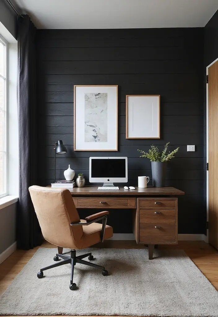 30 Black and Wood Office Ideas That Look Sleek and Masculine - 4. Black and Wood Accent Wall