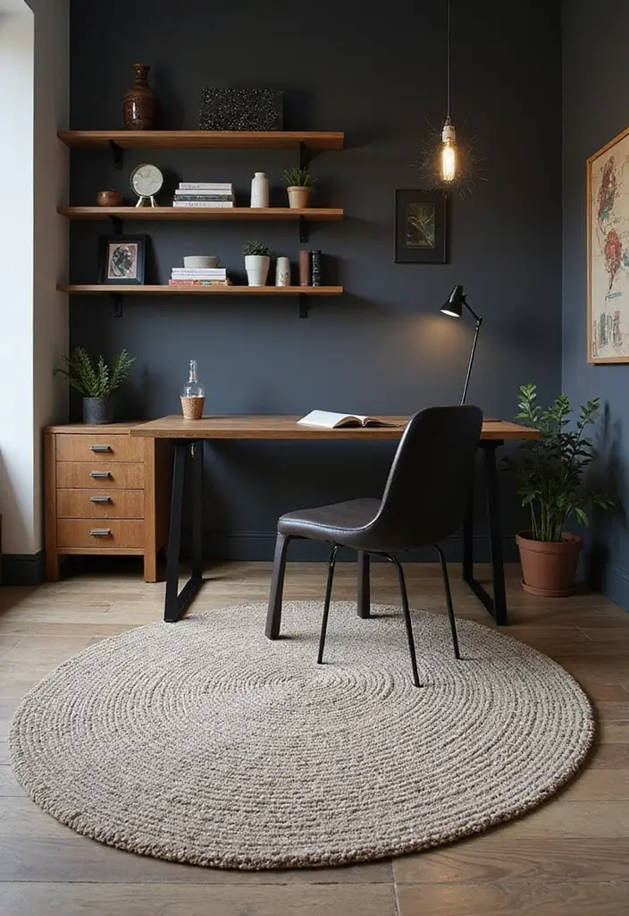 30 Black and Wood Office Ideas That Look Sleek and Masculine - 5. Textured Rugs