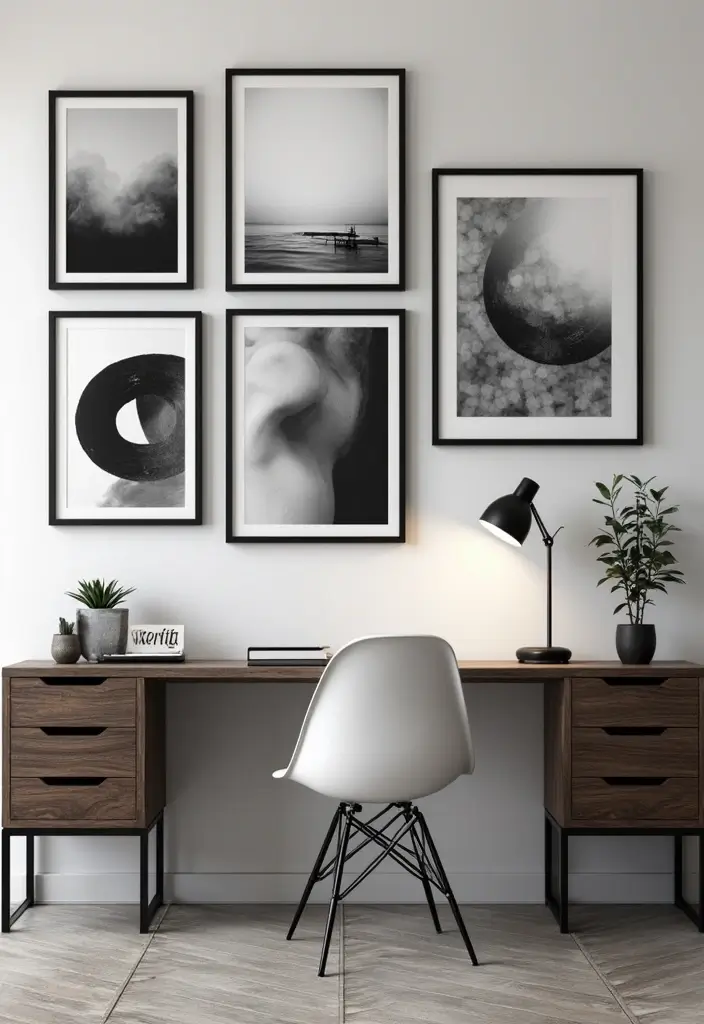 30 Black and Wood Office Ideas That Look Sleek and Masculine - 6. Monochrome Artwork