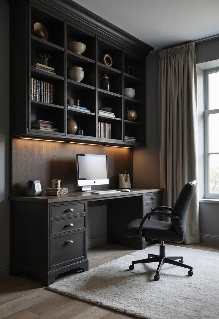 30 Black and Wood Office Ideas That Look Sleek and Masculine - 7. Stylish Storage Solutions