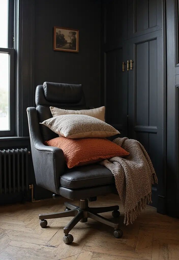 30 Black and Wood Office Ideas That Look Sleek and Masculine - 9. Layered Textiles