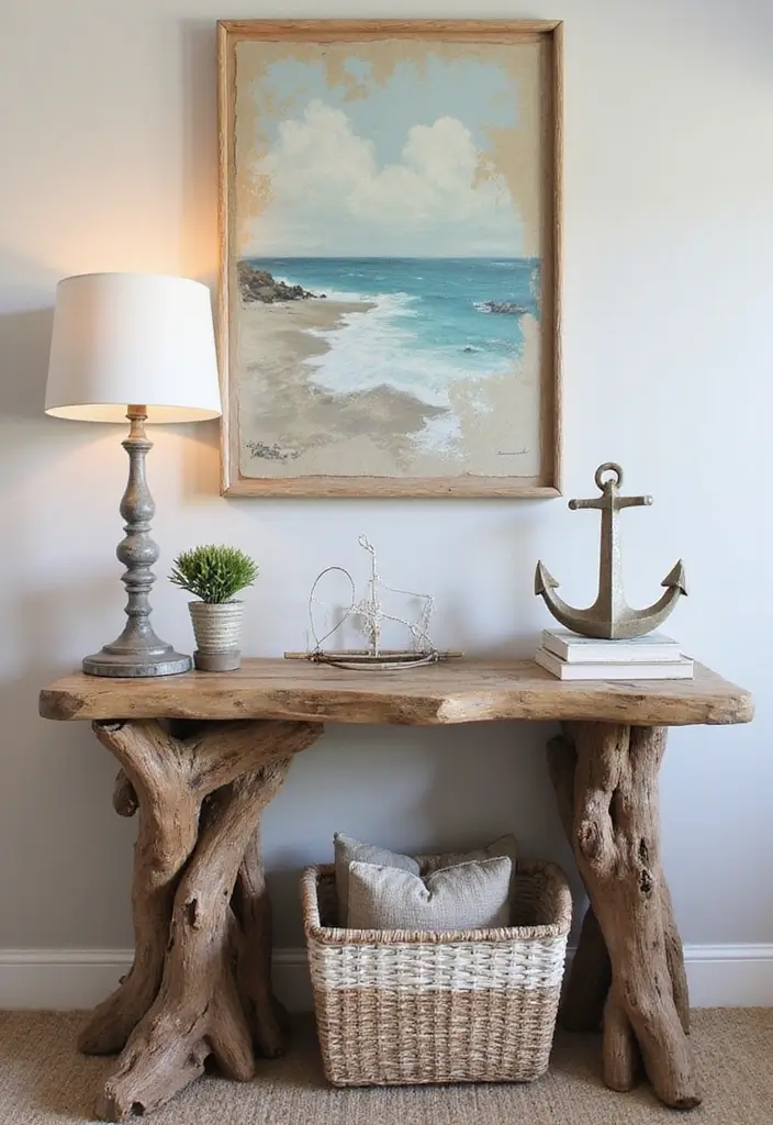 30 Coastal Home Office Ideas That Feel Fresh + Beachy - 1. Driftwood Desk Delight