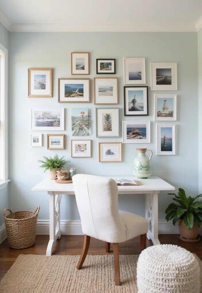 30 Coastal Home Office Ideas That Feel Fresh + Beachy - 20. A Personal Gallery