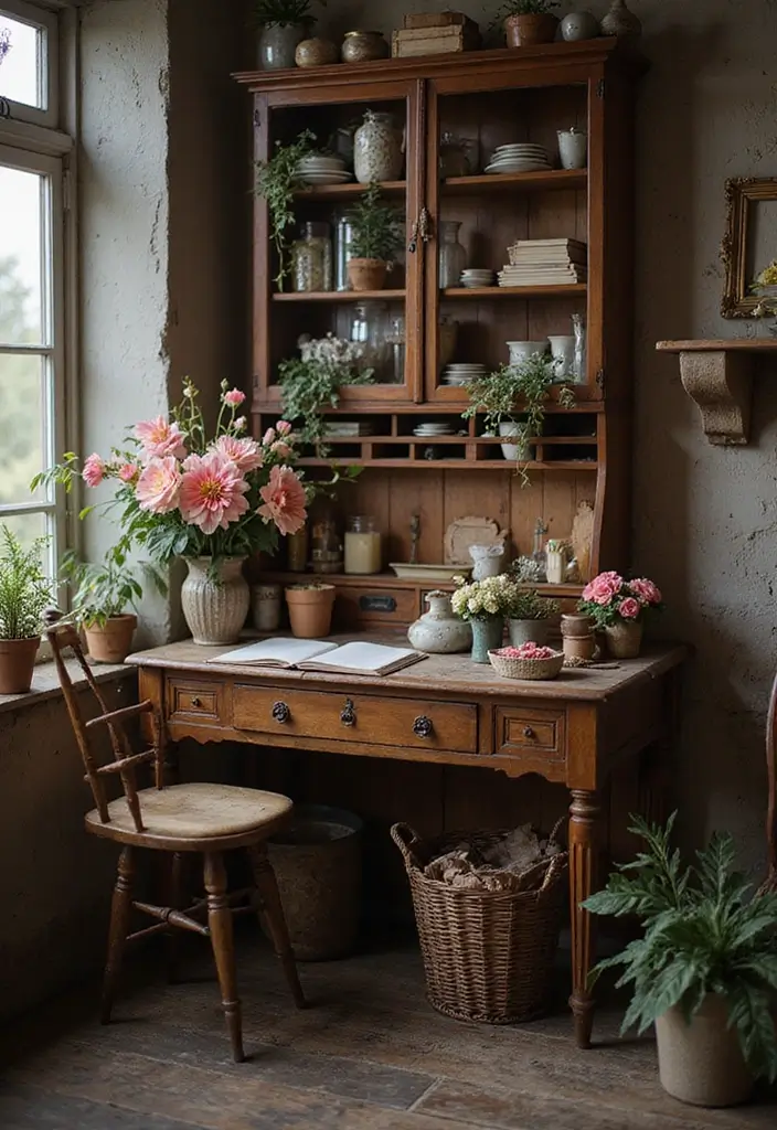 30 Cottage Office Ideas Straight Out of a Storybook - 1. Vintage Writing Desk with Floral Accents