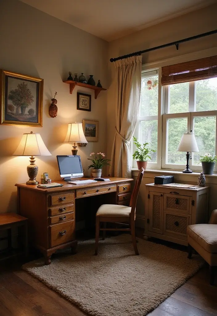 30 Cottage Office Ideas Straight Out of a Storybook - 19. Layered Lighting