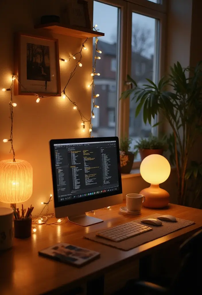 30 Cottagecore Office Ideas for Soft Whimsical Work Vibes - 16. Soft Lighting Options