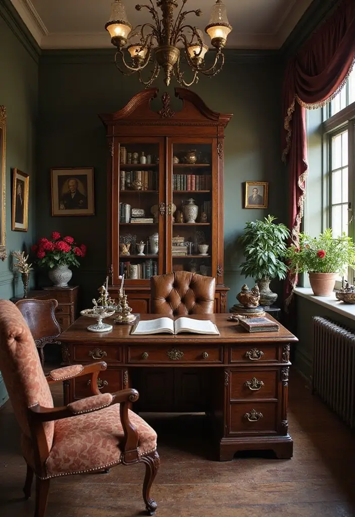 30 Cottagecore Office Ideas for Soft Whimsical Work Vibes - 2. Antique Furniture Finds