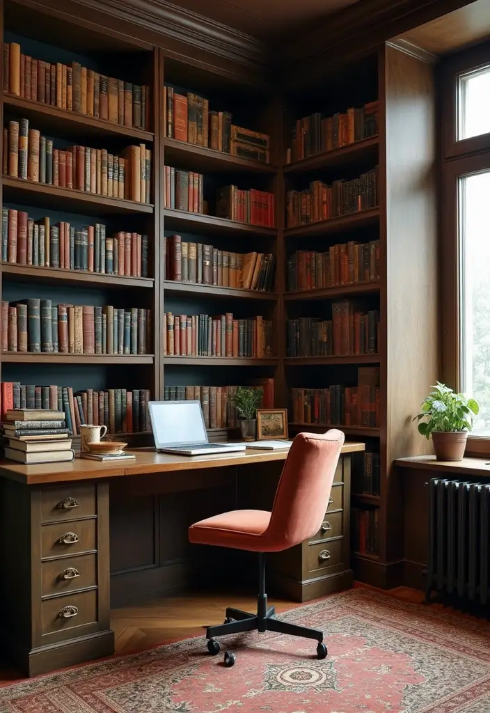 30 Cottagecore Office Ideas for Soft Whimsical Work Vibes - 25. Personal Library Corner