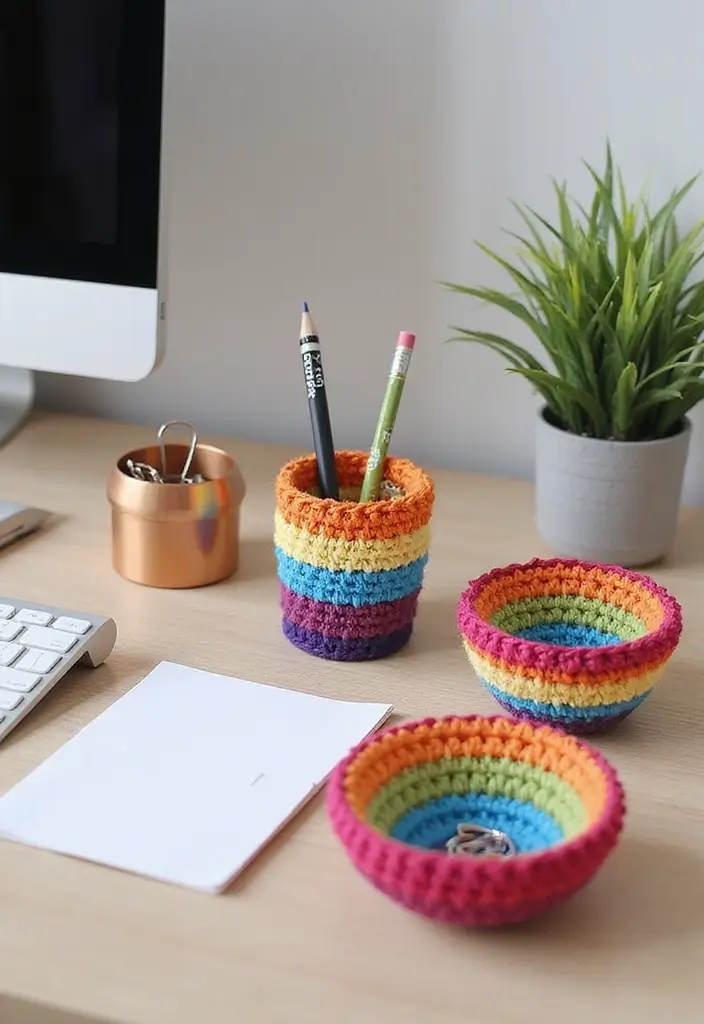 30 Cozy Crochet Office Decor Ideas That Are Cozy AND Cheap - 11. Crochet Desk Accessories