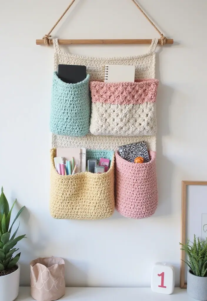 30 Cozy Crochet Office Decor Ideas That Are Cozy AND Cheap - 16. Crochet Wall Organizer