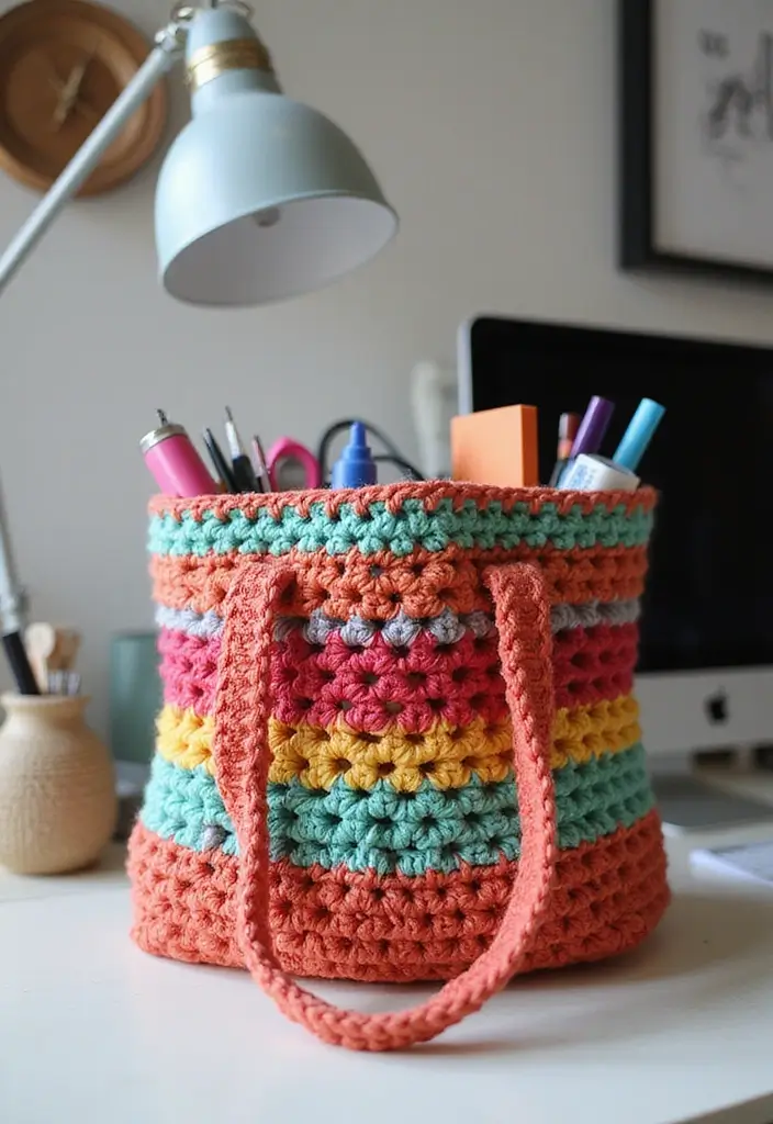 30 Cozy Crochet Office Decor Ideas That Are Cozy AND Cheap - 28. Crochet Bag for Supplies