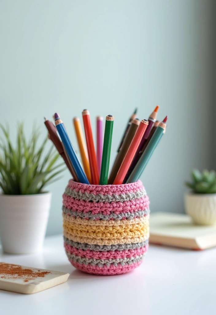 30 Cozy Crochet Office Decor Ideas That Are Cozy AND Cheap - 3. Crochet Pen Holder