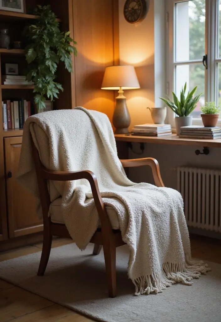 30 Cozy Office Decor Ideas for Fall/Winter Work Days - 3. Throw Blankets