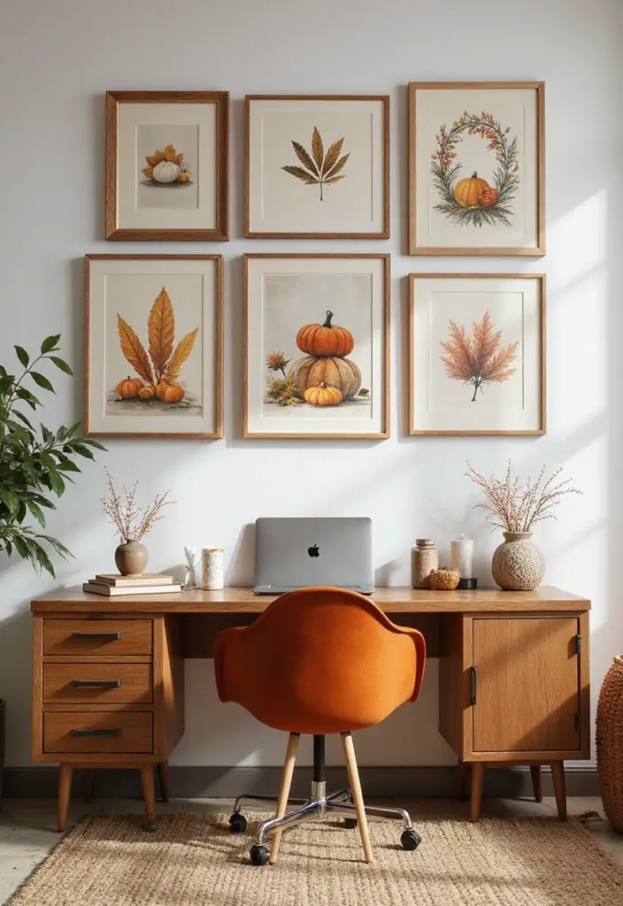 30 Cozy Office Decor Ideas for Fall/Winter Work Days - 4. Seasonal Wall Art