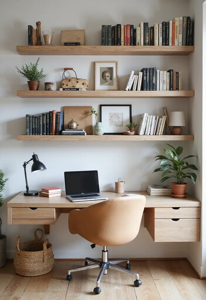 30 Cute Office Ideas You’ll Want to Copy Immediately - 8. Floating Shelves