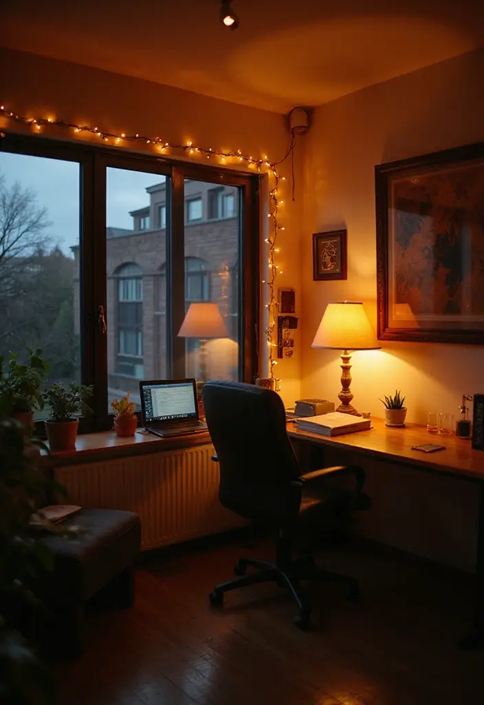 30 Earthy Office Decor Ideas for Grounded Spaces - 12. Warm Lighting