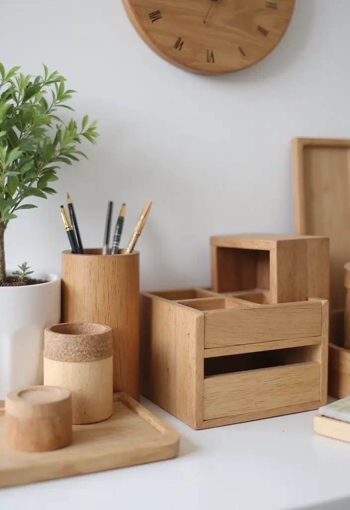 30 Earthy Office Decor Ideas for Grounded Spaces - 14. Wooden Accessories