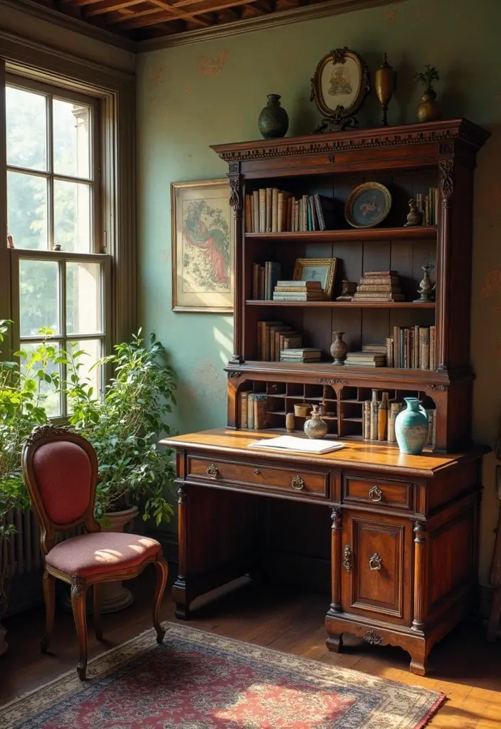 30 Earthy Office Decor Ideas for Grounded Spaces - 17. Vintage Furniture