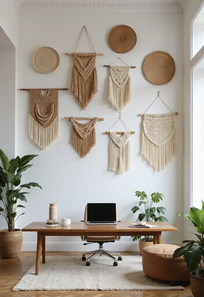 30 Earthy Office Decor Ideas for Grounded Spaces - 21. Natural Wall Hangings