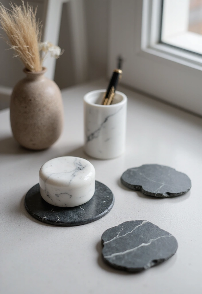 30 Earthy Office Decor Ideas for Grounded Spaces - 25. Natural Stone Desk Accessories