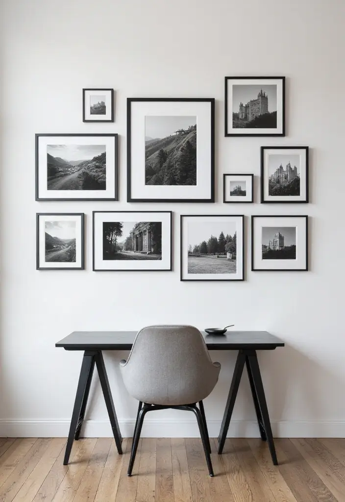 30 Gallery Wall Office Ideas to Instantly Level Up Your Zoom Background - 1. Black and White Photography Collection