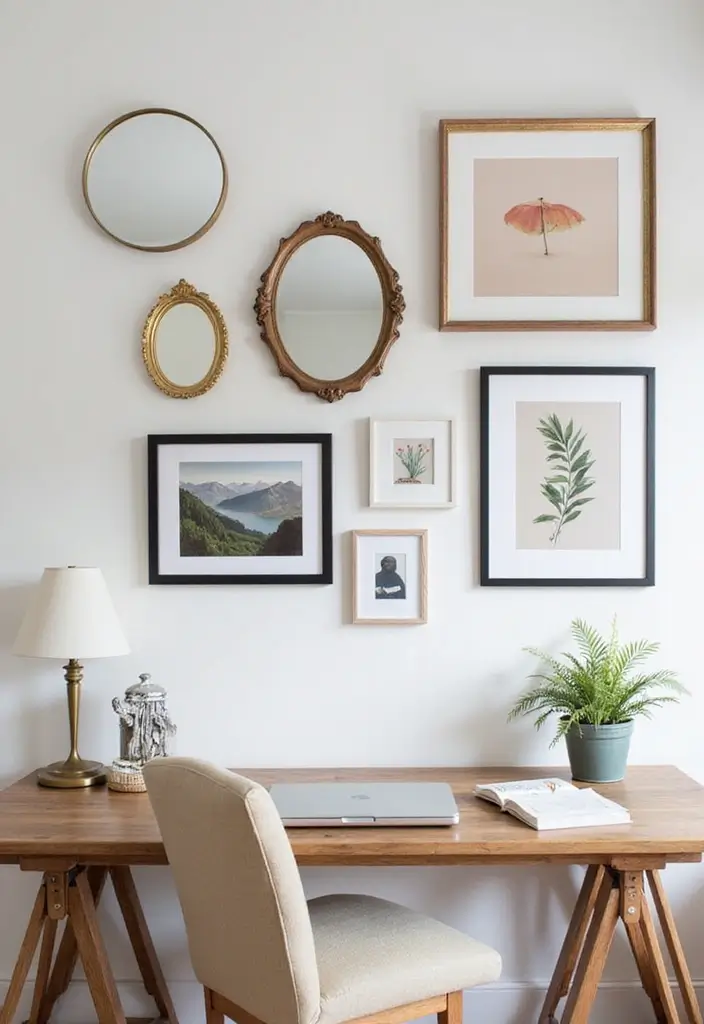 30 Gallery Wall Office Ideas to Instantly Level Up Your Zoom Background - 10. Artsy Mirror Gallery