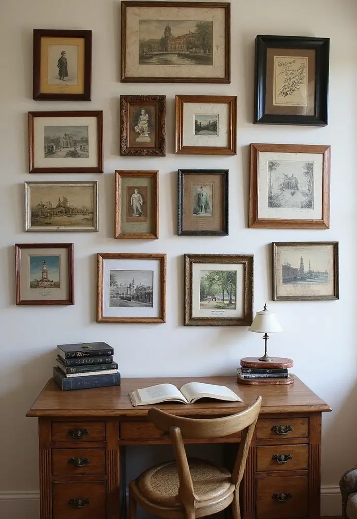 30 Gallery Wall Office Ideas to Instantly Level Up Your Zoom Background - 12. Vintage Finds