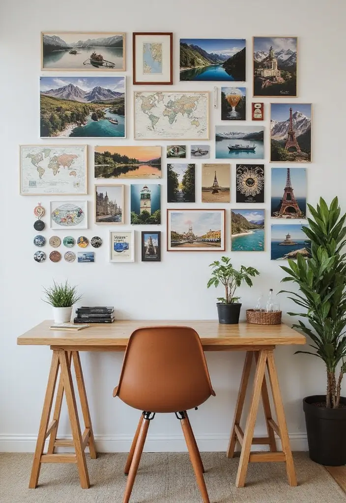 30 Gallery Wall Office Ideas to Instantly Level Up Your Zoom Background - 15. Travel-Inspired Gallery