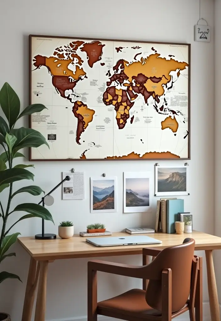 30 Gallery Wall Office Ideas to Instantly Level Up Your Zoom Background - 21. Travel Map Gallery