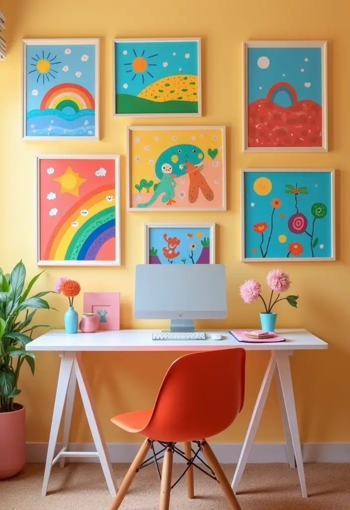 30 Gallery Wall Office Ideas to Instantly Level Up Your Zoom Background - 22. Playful Art Displays