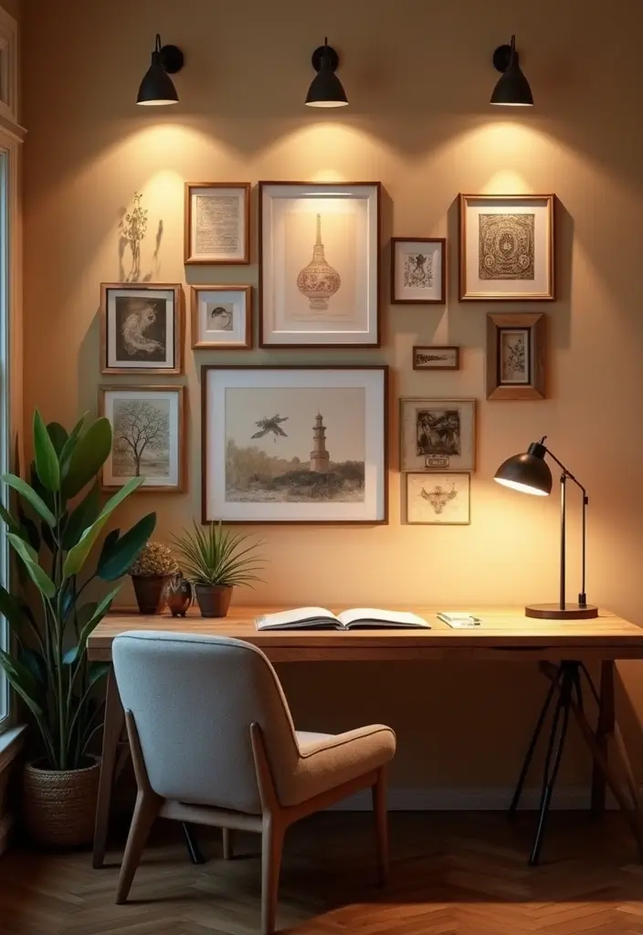 30 Gallery Wall Office Ideas to Instantly Level Up Your Zoom Background - 27. Artful Lighting
