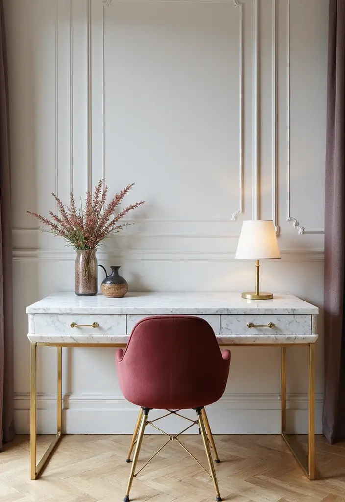 30 Glam Office Ideas with Gold: A Marble and Velvet Dream - 1. Opulent Marble Desks