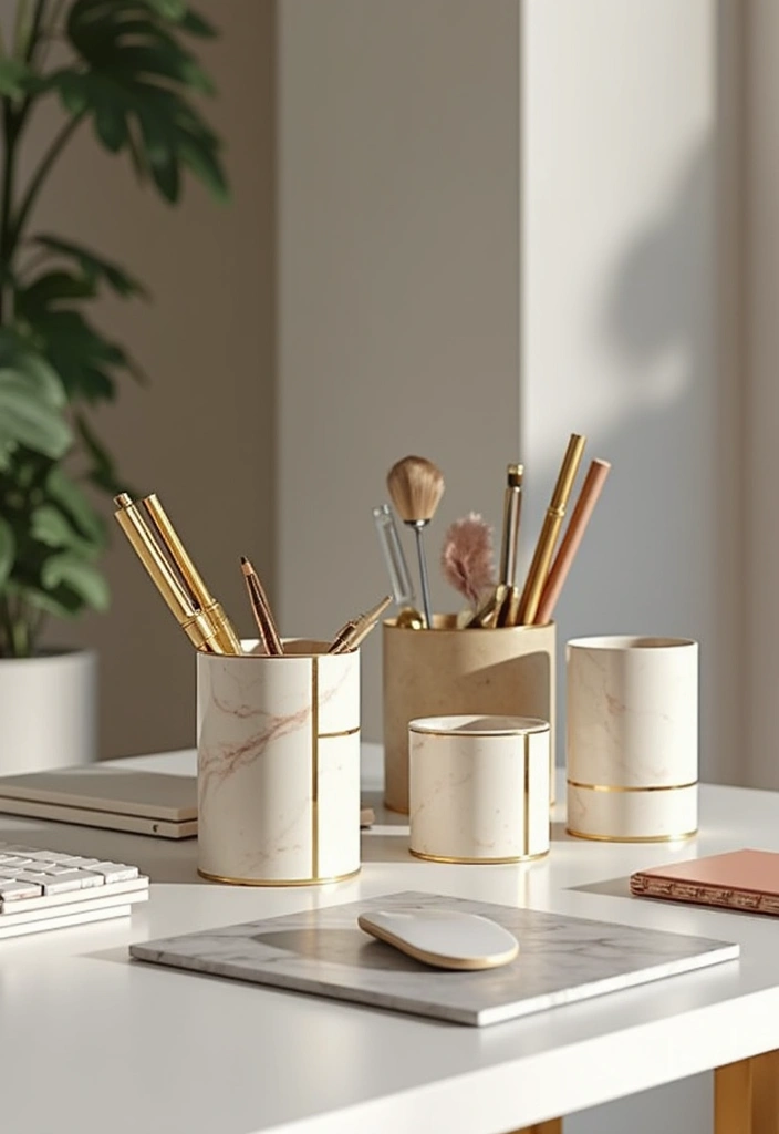 30 Glam Office Ideas with Gold: A Marble and Velvet Dream - 16. Artistic Desk Organizers
