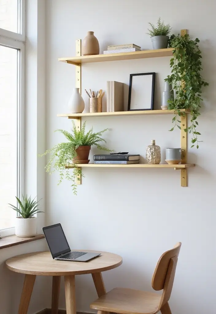 30 Glam Office Ideas with Gold: A Marble and Velvet Dream - 18. Gold Wall Shelves