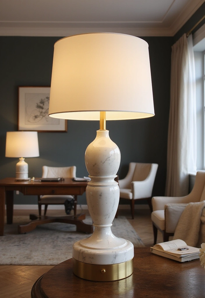 30 Glam Office Ideas with Gold: A Marble and Velvet Dream - 5. Marble and Gold Lighting Fixtures