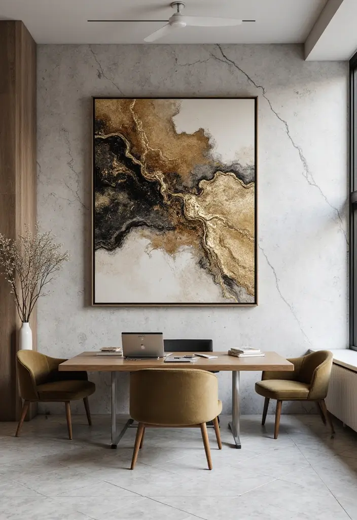 30 Glam Office Ideas with Gold: A Marble and Velvet Dream - 7. Statement Art Pieces