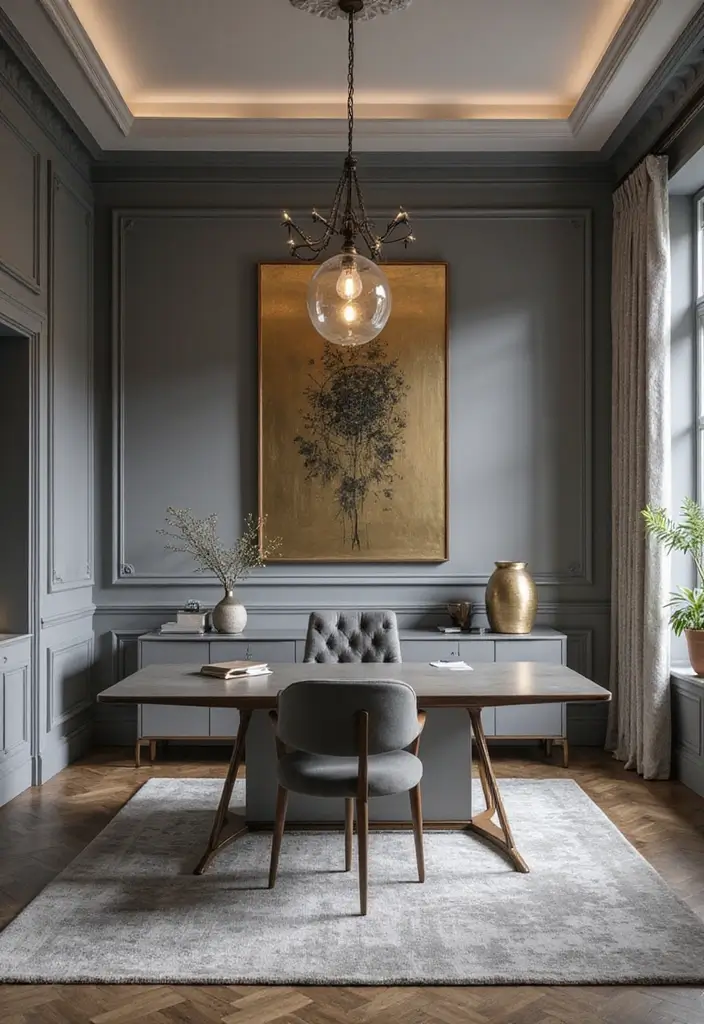 30 Gray Office Ideas That Are Anything but Boring - 18. Gray and Gold Accents