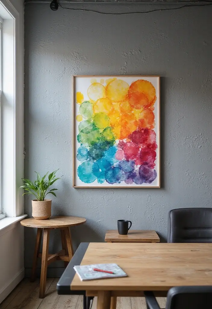 30 Gray Office Ideas That Are Anything but Boring - 27. Gray and Vibrant Wall Art