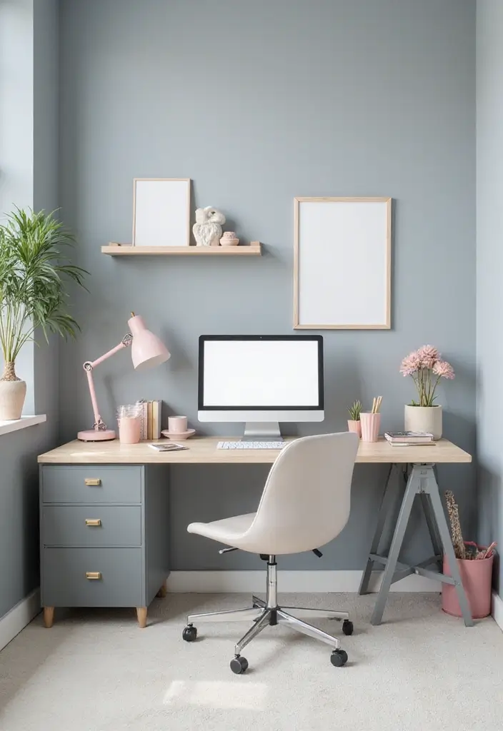 30 Gray Office Ideas That Are Anything but Boring - 3. Gray and Pastel Contrast