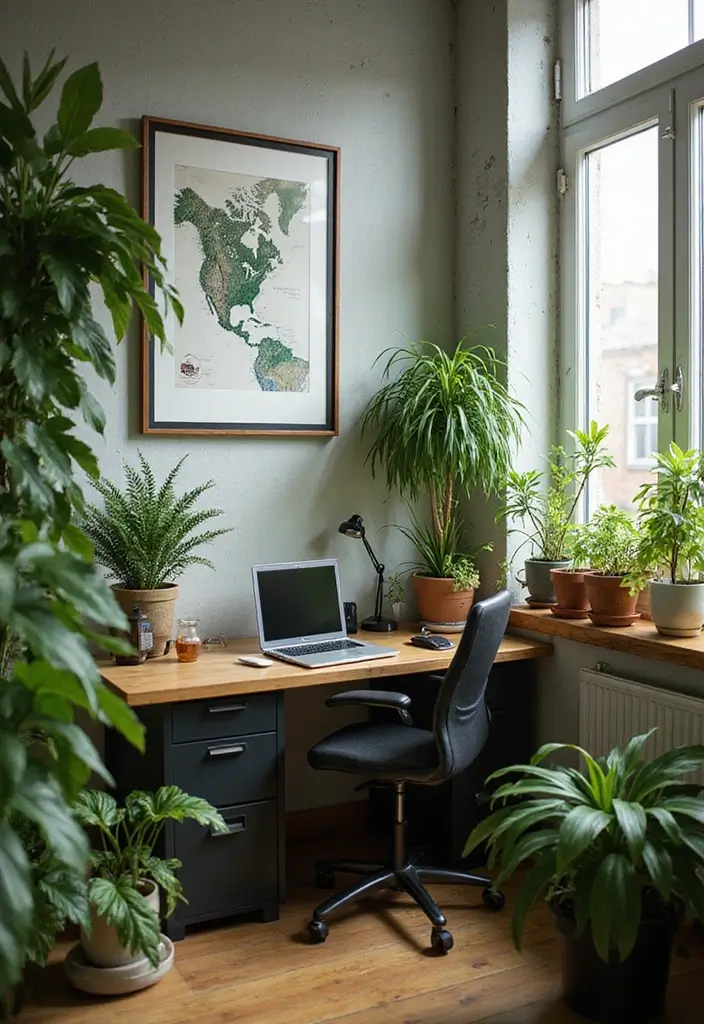 30 Home Office Corner Desk Ideas That Actually Use Dead Space - 10. Integrate Greenery for a Refreshing Touch