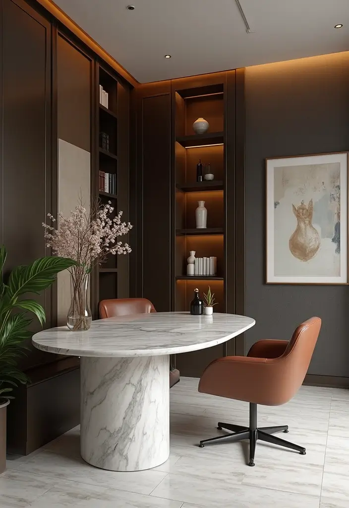 30 Home Office Corner Desk Ideas That Actually Use Dead Space - 23. Elegant Marble Desks