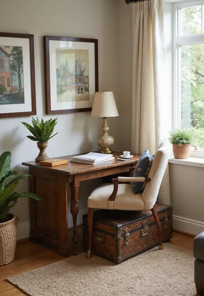 30 Home Office Corner Desk Ideas That Actually Use Dead Space - 29. Use of Decorative Trunks