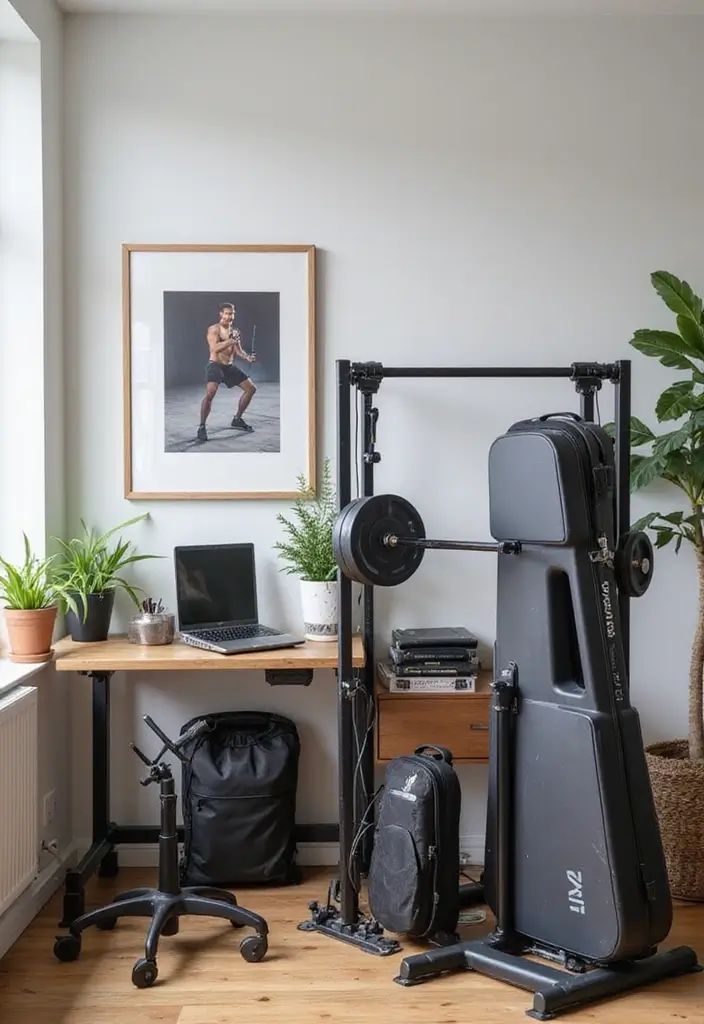30 Home Office + Gym Combo Ideas That Save Space Like Crazy - 10. Portable Gym Equipment with Multi-use Cases