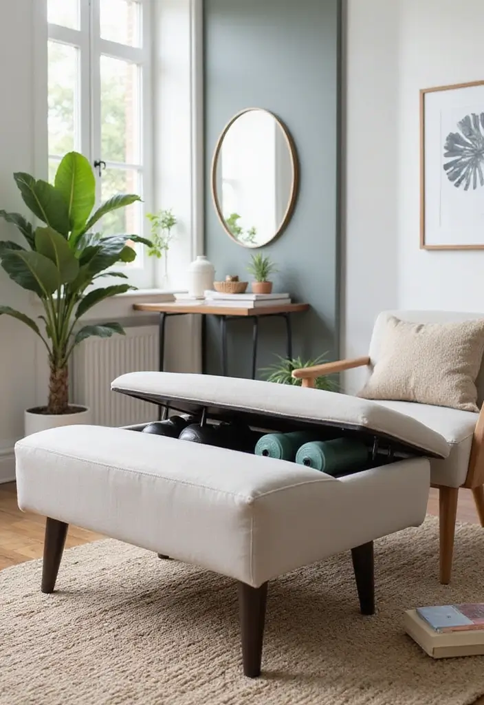 30 Home Office + Gym Combo Ideas That Save Space Like Crazy - 11. Cleverly Designed Ottoman with Gym Gear