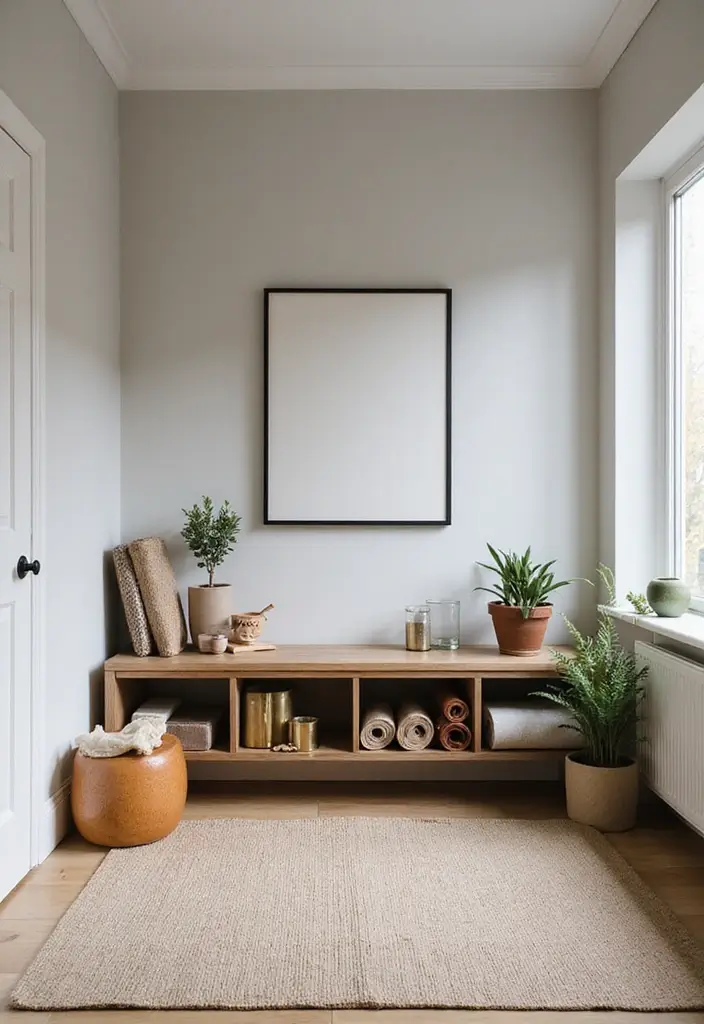 30 Home Office + Gym Combo Ideas That Save Space Like Crazy - 15. Space-efficient Yoga Corner with Storage