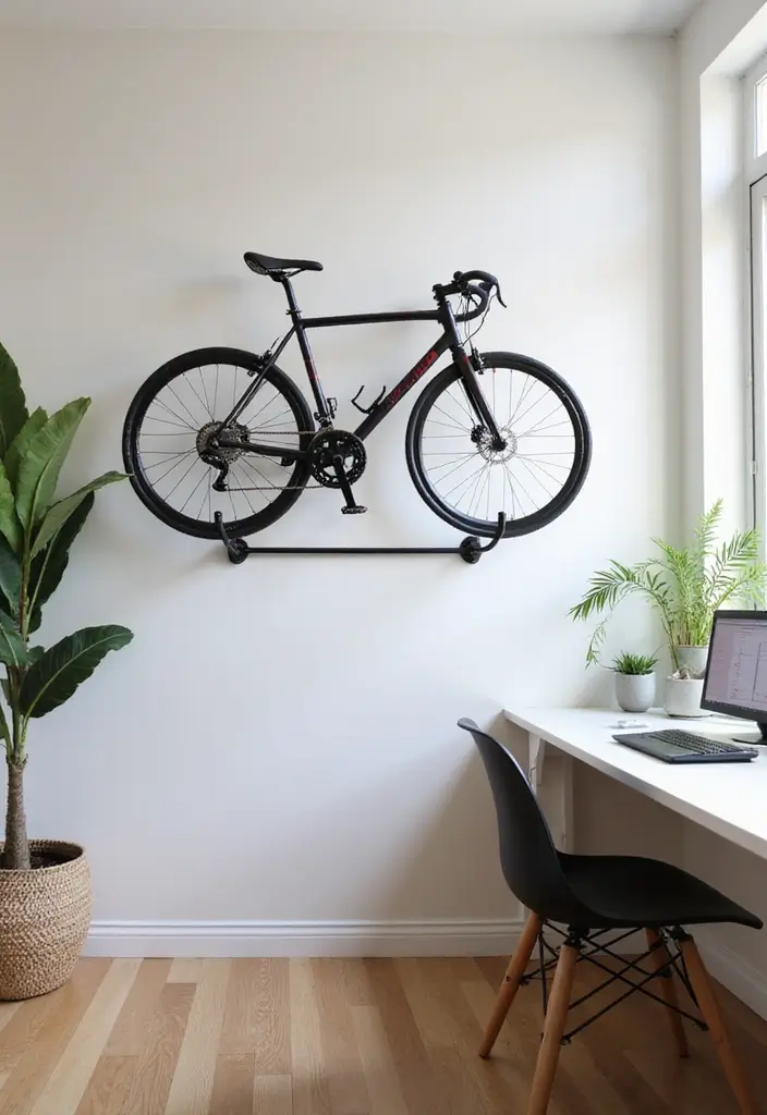 30 Home Office + Gym Combo Ideas That Save Space Like Crazy - 16. Artful Bike Rack with Workspace