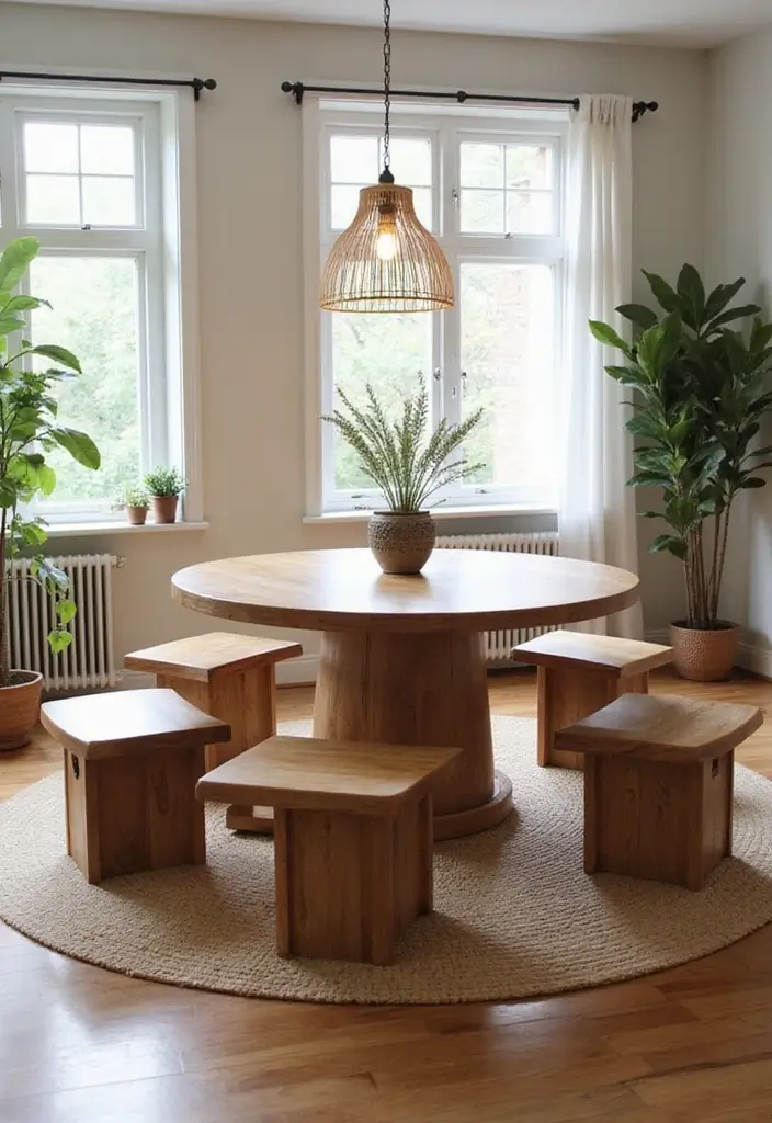 30 Home Office + Gym Combo Ideas That Save Space Like Crazy - 19. Round Table with Storage Benches for Yoga