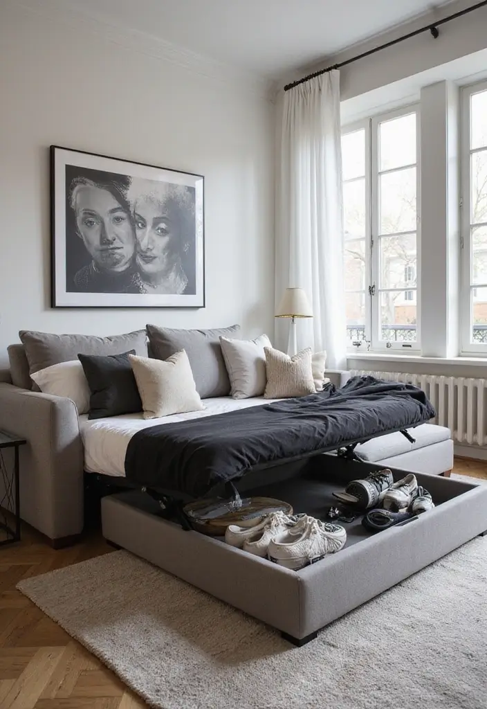 30 Home Office + Gym Combo Ideas That Save Space Like Crazy - 2. Dual-purpose Furniture: Sofa Bed with Gym Storage