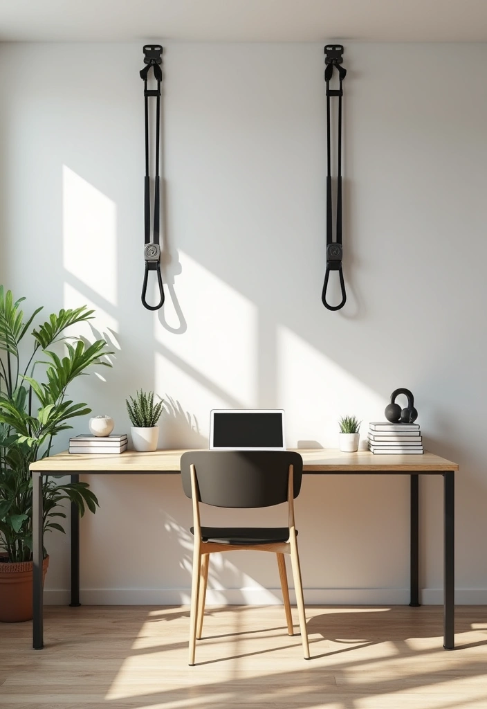 30 Home Office + Gym Combo Ideas That Save Space Like Crazy - 21. Wall-Mounted Resistance Bands with Floating Desk