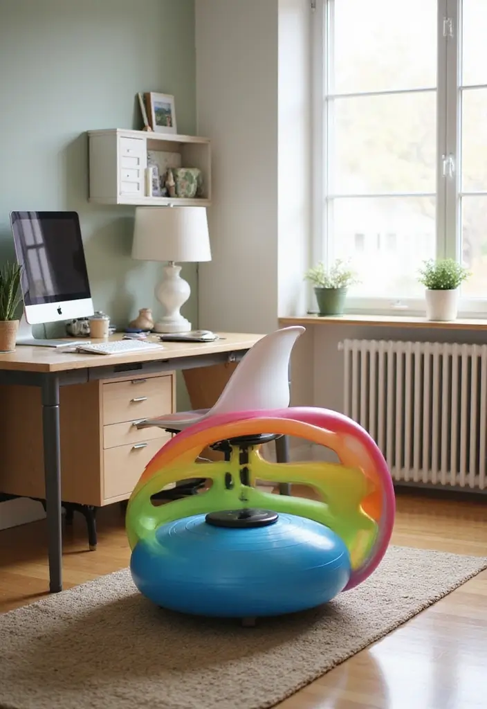30 Home Office + Gym Combo Ideas That Save Space Like Crazy - 22. Bright and Cheerful Room with Fitness Ball